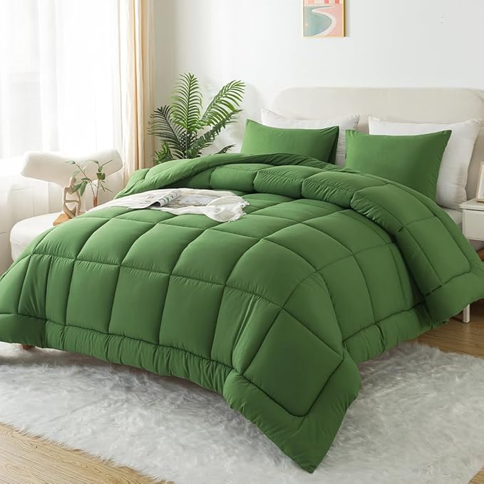 WhatsBedding King Comforter Set,Olive Green Lightweight 3 Pieces Bedding Set for All Season Soft Down Alternative Bed Set with 2 Pillowcases, King Size, 102"x90" - LeafyLoom