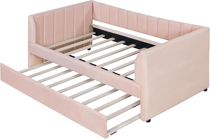 Twin Size Upholstered Velvet Daybed with Trundle,Wood Bed Frame w/ 2 Armrests,Slat Support,No Box Spring Needed,for Small Living Spaces and Accommodating Guests,Pink - LeafyLoom