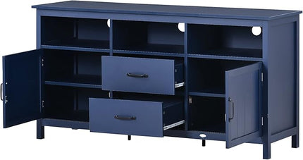 57 Inch TV Stand, Modern Television Stands with 2 Doors, 2 Drawers and Open Style Cabinet, Entertainment Center/Sideboard with Ample Storage Space for Living Room and bedroom, Navy - LeafyLoom