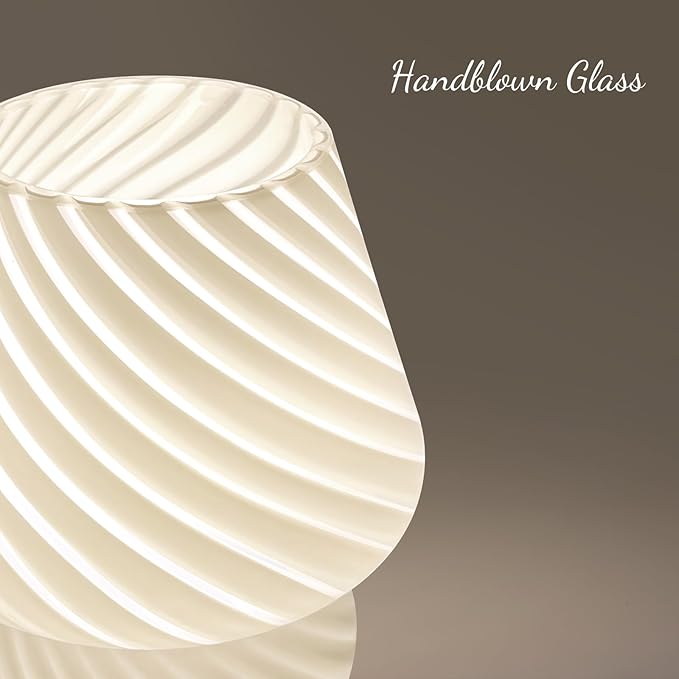 Mushroom Lamps Set of 2 - Small Bedside Table Lamp with Striped Glass, Nightstand Lamp for Bedroom, Living Room, Bulb Included(White) - LeafyLoom