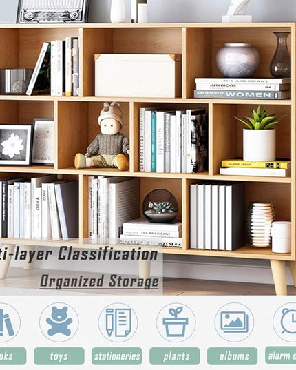 IOTXY Wooden Open Shelf Bookcase - 3-Tier Floor Standing Display Cabinet Rack with Legs, 10 Cubes Bookshelf, Pear Yellow - LeafyLoom