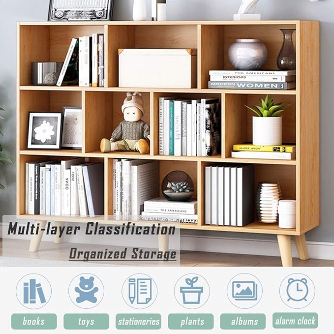 IOTXY Wooden Open Shelf Bookcase - 3-Tier Floor Standing Display Cabinet Rack with Legs, 10 Cubes Bookshelf, Pear Yellow - LeafyLoom