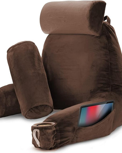 Nestl Reading Pillow with Portable Laptop Lap Desk, Velvet Feel Back Pillow for Sitting in Bed, Shredded Memory Foam Back Support Pillow for Bed, Bed Rest Pillow with Arms, Large - Brown - LeafyLoom