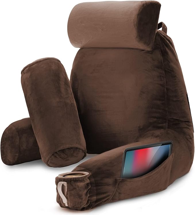 Nestl Reading Pillow with Portable Laptop Lap Desk, Velvet Feel Back Pillow for Sitting in Bed, Shredded Memory Foam Back Support Pillow for Bed, Bed Rest Pillow with Arms, Large - Brown - LeafyLoom