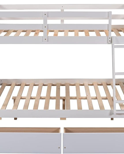 Bunk Bed Frame, Twin Over Full Bunk Bed with Safety Guardrail, Staircase and 2 Underbed Storage Drawers, Ideal Bed Frame for Kids Teens Girls Boys, Space Saving Bedroom Furniture, White - LeafyLoom