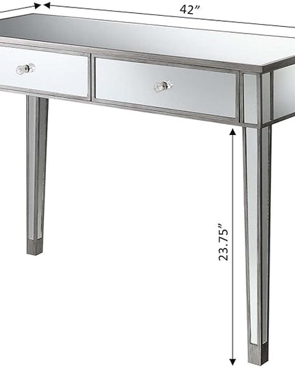 Convenience Concepts Gold Coast Mirrored Desk 42" - Console Table with 2 Drawers for Storage in Living Room, Office, Antique Silver/Mirror - LeafyLoom