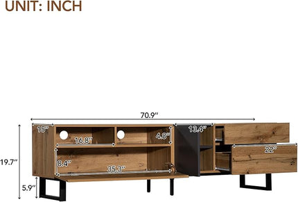 71 Inch TV Stand with Double Storage Space for TVs up to 80'', Modern TV Console with Drop Down Door, Entertainment Center for Living Room, Bedroom and Home Theatre, Wood+Black - LeafyLoom