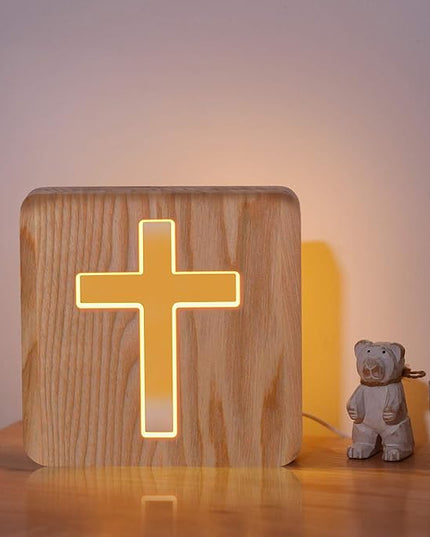 Lampeez Jesus Cross Wooden Lamp Novelty Night Light 3D Illusion lamp for Kids, Kids Decoration Lamp USB Power Bedroom Decor Xmas Holiday Birthday Gifts for Boy Girl - LeafyLoom