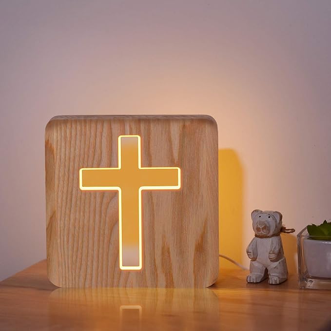 Lampeez Jesus Cross Wooden Lamp Novelty Night Light 3D Illusion lamp for Kids, Kids Decoration Lamp USB Power Bedroom Decor Xmas Holiday Birthday Gifts for Boy Girl - LeafyLoom