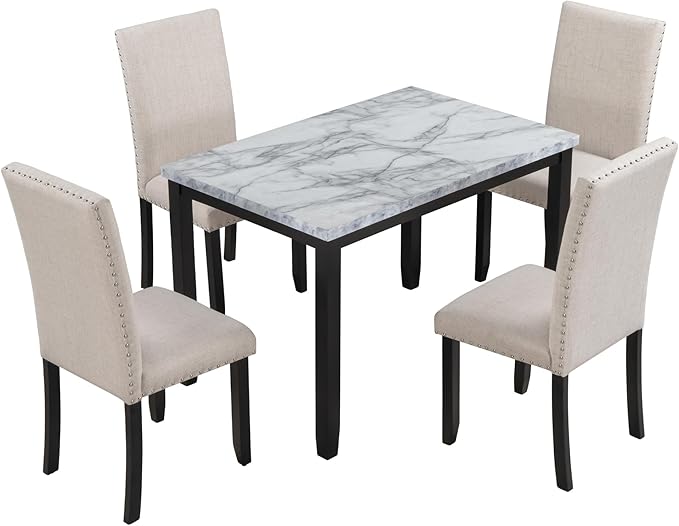 5 Piece Industrial Dinette Sets Wooden Kitchen Dining Table and 6 Matching Upholstered Chairs, for Diningroom Living Room, Easy to Assemble, White - LeafyLoom