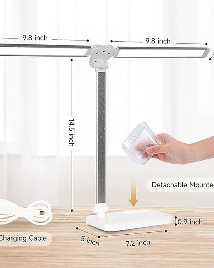 LED Desk Lamp for Home Office - Dual Swing Arm Desk Light with USB Charging Port,Eye-Caring Foldable 5 Color Modes 10 Brightness Levels Dimmable Desk Lamp for College Dorm Room (Silver) - LeafyLoom