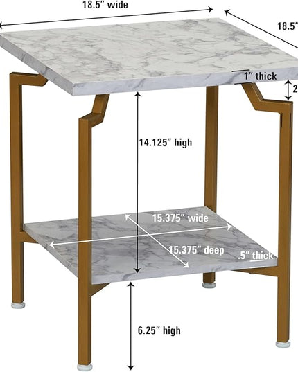 Household Essentials Crown Square Side End Table with Storage Shelf White Marble and Gold Metal - LeafyLoom