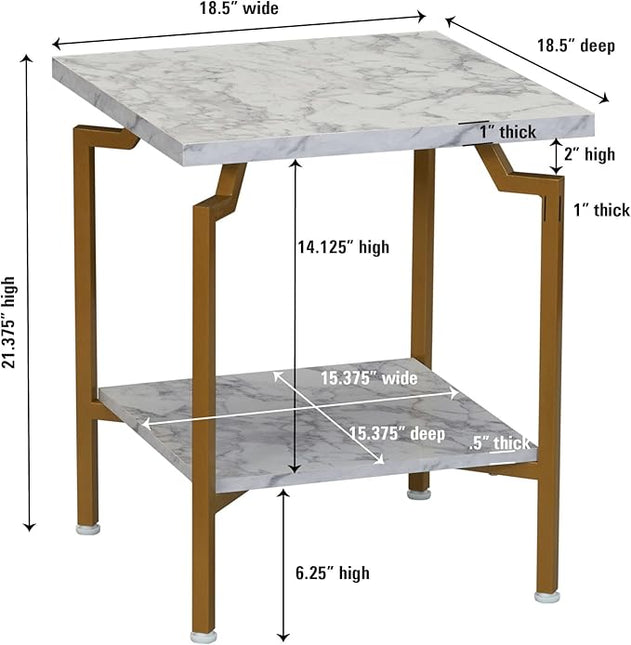 Household Essentials Crown Square Side End Table with Storage Shelf White Marble and Gold Metal - LeafyLoom