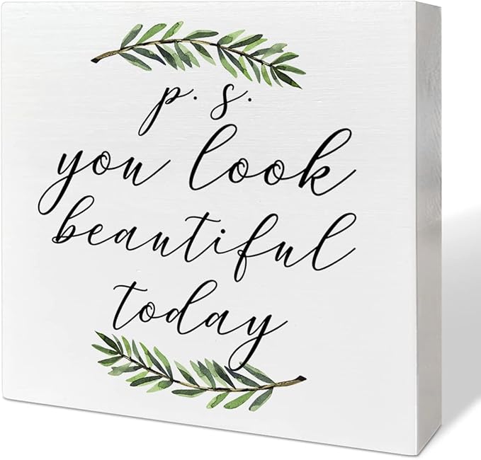 Home Office Desk Wooden Box Sign Decor, You Look Beautiful Today, Inspirational Quotes Desk Decor Motivational Desk Decorations for Women Girls Teens Student Office Classroom School - LeafyLoom