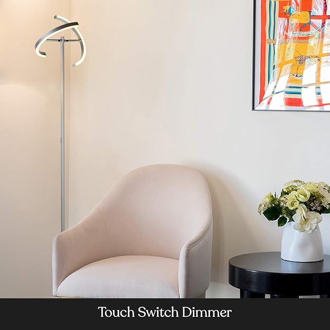 Brightech Halo Split Floor Lamp, Modern Bright LED Torchiere Floor Lamp for Offices - Dimmable, Tall Standing Lamp for Living Room or Bedroom - Adjustable Light w/Rotating Angles - Platinum Silver - LeafyLoom