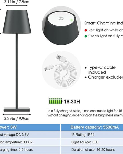 2 Packs LED CordlessTable Lamp, Rechargeable Battery Desk lamp 5500mAh Battery Operated Stepless Dimming Modern Portable Table Light for Restaurant/Table/Bedroom/Outdoor IP54 Waterproof (Anthracite) - LeafyLoom