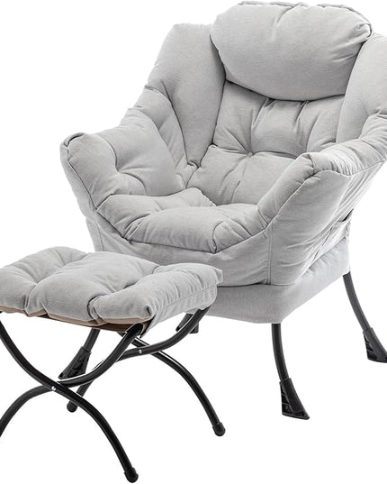 Lazy Chair with Ottoman, Modern Soft Reading Chair Accent Contemporary Lounge Leisure Sofa Chair with Armrests and a Side Pocket for Living Room, Bedroom, Dorm & Office, Light Grey - LeafyLoom