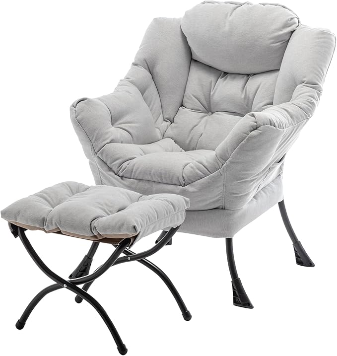 Lazy Chair with Ottoman, Modern Soft Reading Chair Accent Contemporary Lounge Leisure Sofa Chair with Armrests and a Side Pocket for Living Room, Bedroom, Dorm & Office, Light Grey - LeafyLoom