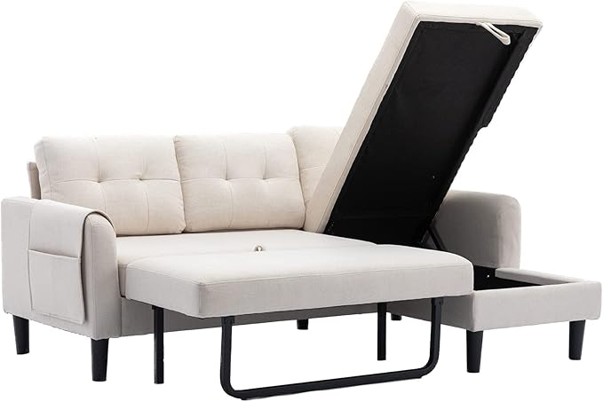 72.44" L-Shaped Reversible Sectional Sofa w/Pull Out Bed & Storage Chaise Lounge,Interior Furniture Comfy Sleeper Corner Couch with 3 Throw Pillows and Pockets,for Dorm,Apartment, Beige-1 - LeafyLoom