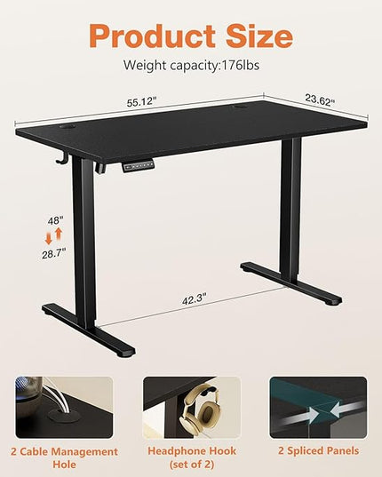 Sweetcrispy Electric Adjustable Height Standing Desk - 55 x 24 inch Sit to Stand Up Desk with Splice Board, Rising Home Office Computer Table with 2 Hook and Wire Hole for Work - LeafyLoom