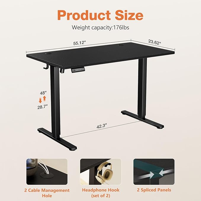 Sweetcrispy Electric Adjustable Height Standing Desk - 55 x 24 inch Sit to Stand Up Desk with Splice Board, Rising Home Office Computer Table with 2 Hook and Wire Hole for Work - LeafyLoom