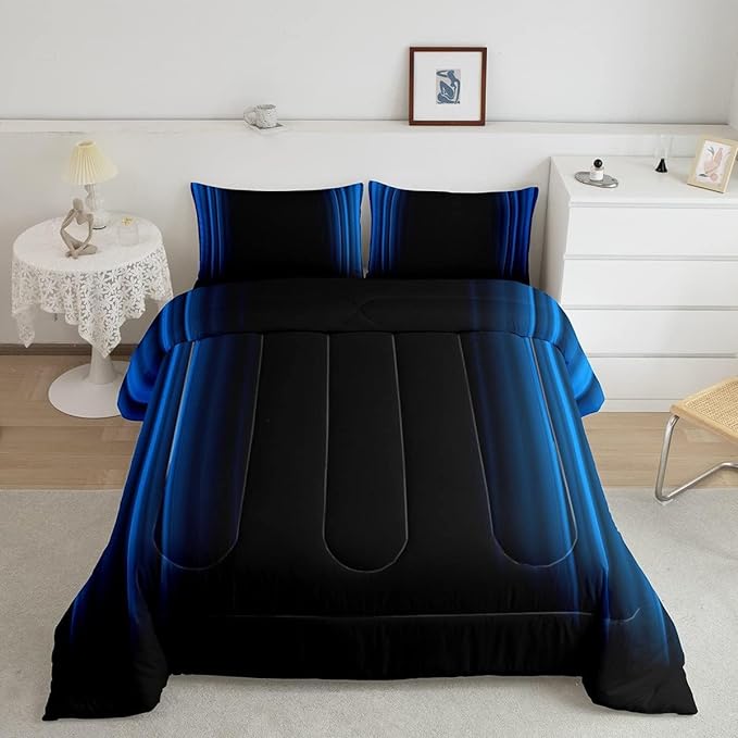 Geometric Abstract Ombre Comforter Set Kids Teens Blue and Black Striped Bedding Bed Set Decor Modern Fashion Comforter Inner Fill Bedroom Collection 3Pcs Queen Size - LeafyLoom