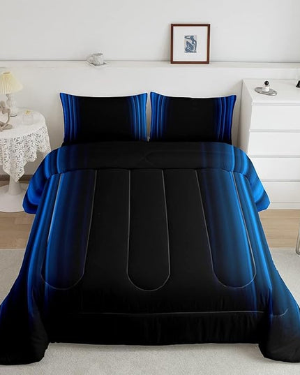 Geometric Abstract Ombre Comforter Set Kids Teens Blue Black Striped Bedding Bed Set Decor Modern Fashion Comforter Collection 3Pcs King Size Boys - LeafyLoom