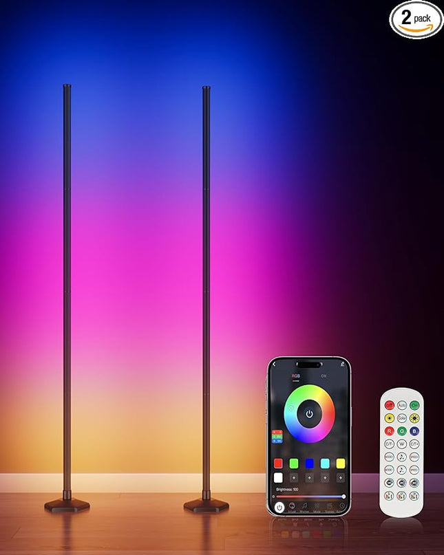 2PCS RGB Floor Lamp, Bluetooth APP and Remote Control 65" Smart Modern Standing Lamp Music Sync 16 Million DIY Colors Changing LED Floor Lamp with Heavy Base - LeafyLoom
