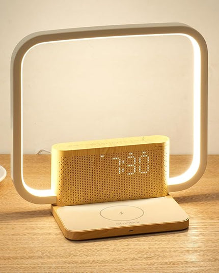 Touch Lamp with Alarm Clock Wireless Charging 3 Level Dimmable Bedside Lamps for Bedroom Living Room,Sunrise Clock LED Wake-up Light with Natural White Noise Sound Desk Lamp for Reading Office. - LeafyLoom