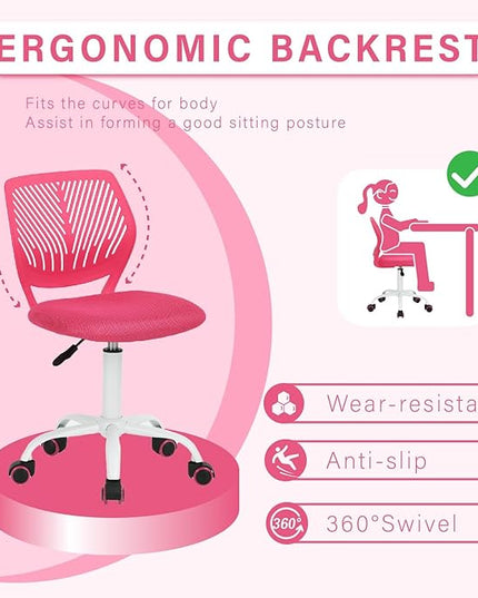 FurnitureR Teens Girls Task Chair 360 Swivel, Low Mid PP Mesh Back Fabric Seat, Height Adjustable, Rolling Castor, W15.7inces x D15.2inces x H29.5-34.2inches (Pink) - LeafyLoom