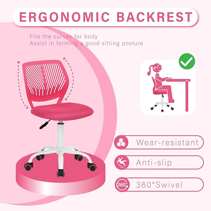 FurnitureR Teens Girls Task Chair 360 Swivel, Low Mid PP Mesh Back Fabric Seat, Height Adjustable, Rolling Castor, W15.7inces x D15.2inces x H29.5-34.2inches (Pink) - LeafyLoom