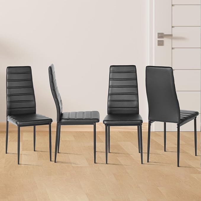 PU Leather Chair Set of 4, High Back Dining Seat with Soft Padded & Foot Cap Protection for Home Kitchen Living Room, 300lbs Capacity, Black - LeafyLoom