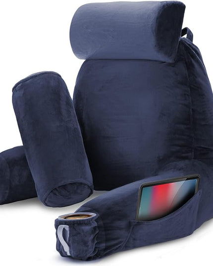 Nestl Reading Pillow with Portable Laptop Lap Desk, Velvet Feel Back Pillow for Sitting in Bed, Shredded Memory Foam Back Support Pillow for Bed, Bed Rest Pillow with Arms, Large - Navy - LeafyLoom