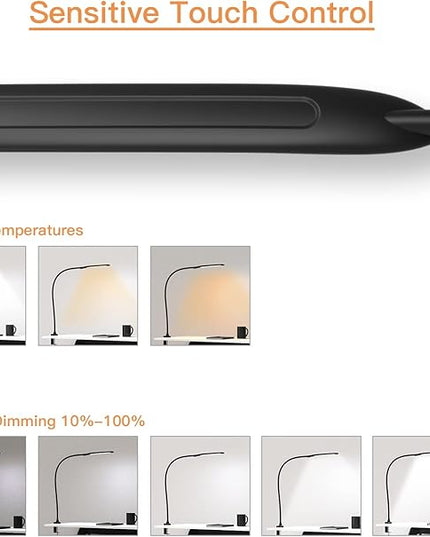 YOUKOYI Desk Lamp with Clamp, Swing Arm Lamp, Flexible Gooseneck Architect Table Lamp - Stepless Dimming, 3 Color Modes, Touch Control, 9W, 1050LUX Eye-Care for Study/Reading/Office/Work (Black) - LeafyLoom