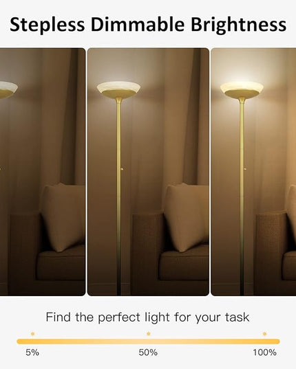 BoostArea Torchiere Floor Lamp, 24W Super Bright LED Standing Lamp, 3000K Stepless Dimmable Pole Lamp with Rotary Switch, 70 Inch Tall Metal Modern Floor Lamps for Living Room/Bedroom/Office/Den, Gold - LeafyLoom
