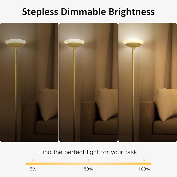 BoostArea Torchiere Floor Lamp, 24W Super Bright LED Standing Lamp, 3000K Stepless Dimmable Pole Lamp with Rotary Switch, 70 Inch Tall Metal Modern Floor Lamps for Living Room/Bedroom/Office/Den, Gold - LeafyLoom