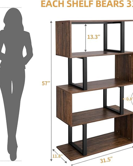 YITAHOME 5 Tiers Bookshelf, Modern S-Shaped Z-Shelf Style Bookshelves, Multifunctional Geometric Bookcase Storage Display Shelf for Living Room Bedroom Home Office, Retro Brown - LeafyLoom