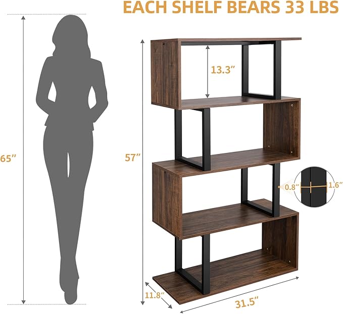 YITAHOME 5 Tiers Bookshelf, Modern S-Shaped Z-Shelf Style Bookshelves, Multifunctional Geometric Bookcase Storage Display Shelf for Living Room Bedroom Home Office, Retro Brown - LeafyLoom
