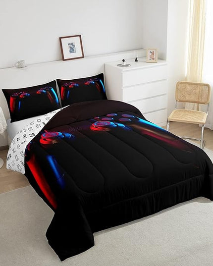 Gamer Comforter Set for Boys Girls Man Gaming Bedding Set,Black Gamepad Home Decor Player Video Game Duvet Insert Teens Kids 3 Pieces 1 Down Comforter with 2 Pieces Pillowcases(Full Size,All Season) - LeafyLoom
