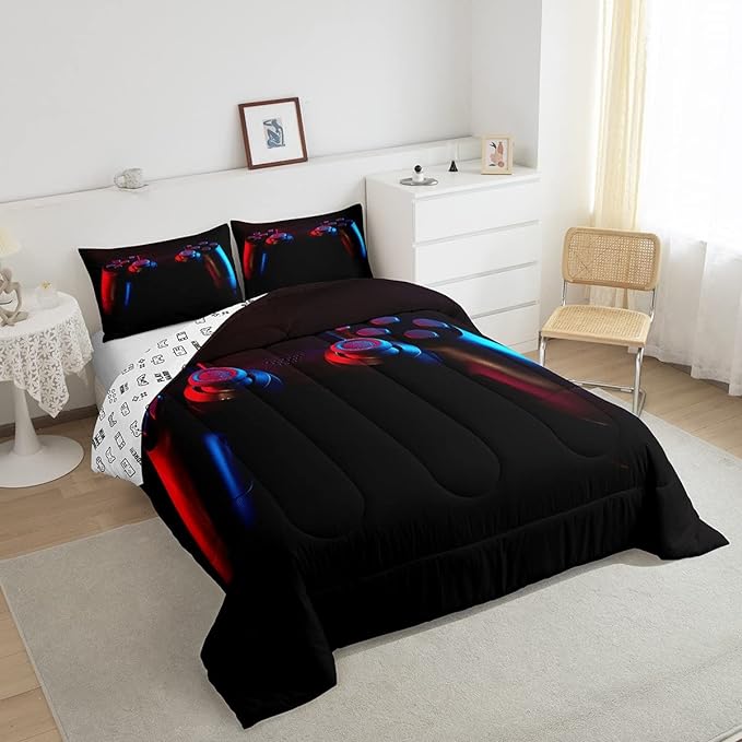 Gamer Comforter Set for Boys Girls Man Gaming Bedding Set,Black Gamepad Home Decor Player Video Game Duvet Insert Teens Kids 3 Pieces 1 Down Comforter with 2 Pieces Pillowcases(Full Size,All Season) - LeafyLoom