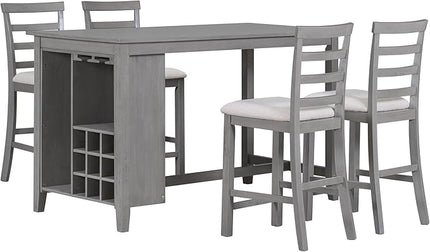 5 Piece Multi-Functional Rubber Wood Counter Height Dining Table Set with Padded Chairs and Integrated 9 Bar Compartment, Wine Glass Holders for Kitchen, Living Room, Grey+Light Gray - LeafyLoom