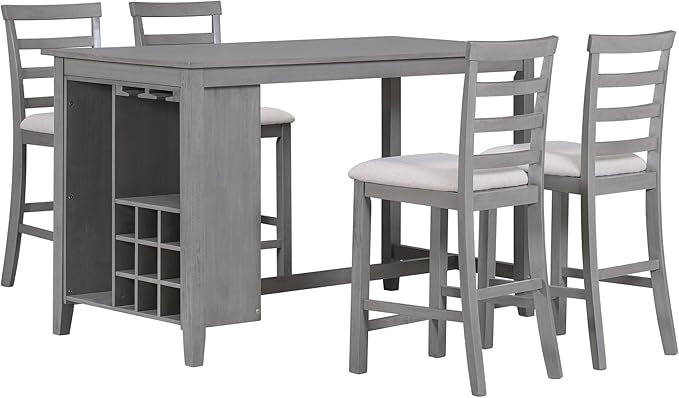 5 Piece Multi-Functional Rubber Wood Counter Height Dining Table Set with Padded Chairs and Integrated 9 Bar Compartment, Wine Glass Holders for Kitchen, Living Room, Grey+Light Gray - LeafyLoom