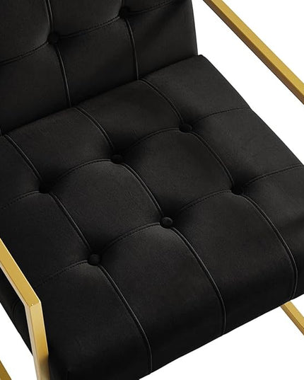 24KF Modern Black Velvet Button Tufted Accent Chair with Golden Metal Stand, Decorative Furniture Chairs for Living Room Bedroom - Black - LeafyLoom
