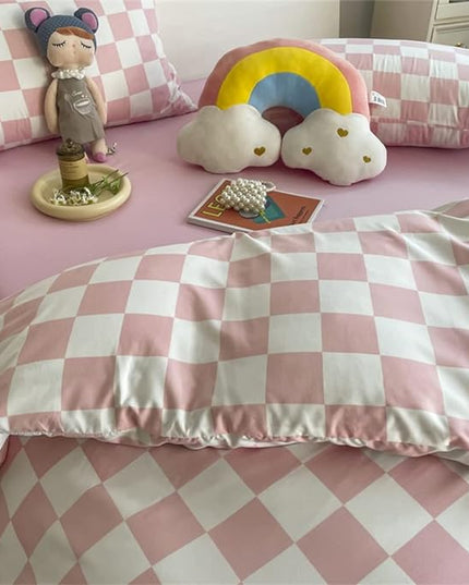 Wellboo Pink White Plaid Comforter Sets California King Women Men Bean Pink and White Checkerboard Grid Bedding Comforters Cal King Cotton Boys Girls Modern Dusty Pink Checkered Geometric Quilts - LeafyLoom