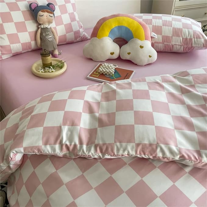 Wellboo Pink White Plaid Comforter Sets California King Women Men Bean Pink and White Checkerboard Grid Bedding Comforters Cal King Cotton Boys Girls Modern Dusty Pink Checkered Geometric Quilts - LeafyLoom