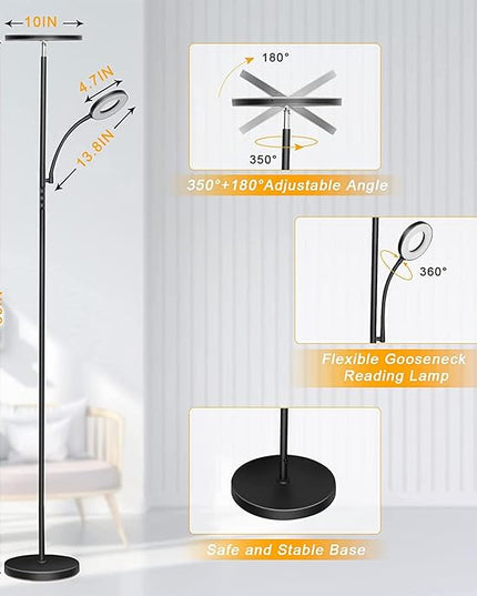LED Floor Lamp, 4300LM 42W Bright Standing Lamp with Gooseneck Reading Light, 2700K-6500K Stepless Dimming Modern Torchiere Lamp with Remote/Touch Control, 69" Tall Lamp for Living Room Bedroom Office - LeafyLoom