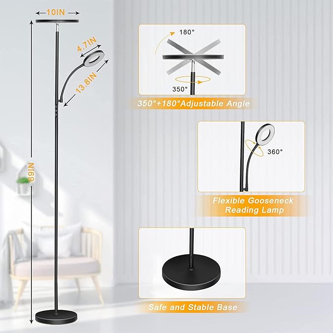 LED Floor Lamp, 4300LM 42W Bright Standing Lamp with Gooseneck Reading Light, 2700K-6500K Stepless Dimming Modern Torchiere Lamp with Remote/Touch Control, 69" Tall Lamp for Living Room Bedroom Office - LeafyLoom