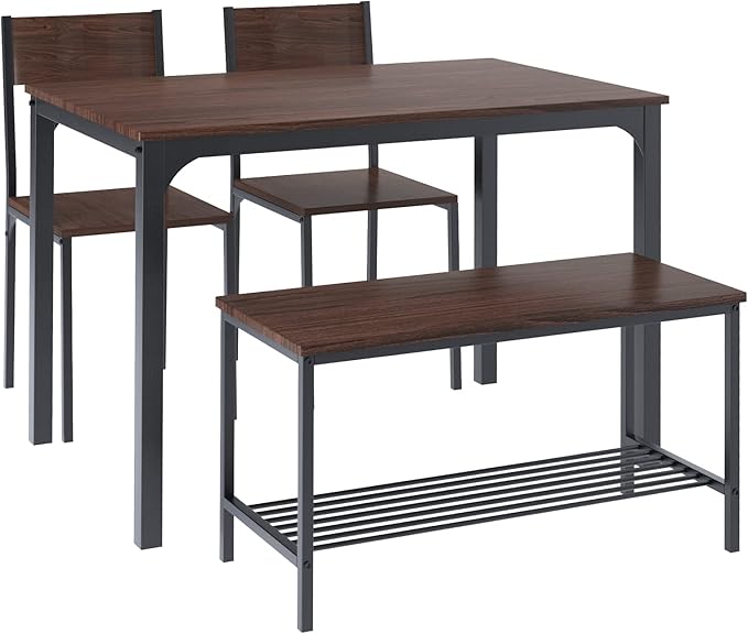 SogesHome Home Kitchen Table Set for 4, Compact Dining Table Chair Set, 4 Pieces Table Chair Bench Set for Small Place, Apartment, Dark Walnut - LeafyLoom
