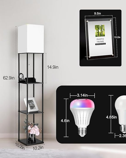 NUNET LED Floor Lamp w. Shelves & AC/USB Outlets Smart Light Bulb Galaxy Star Projector Color Changing & App/Voice Controlled Lights w. 3 Level Shelves for Bedroom Living Room Corner - LeafyLoom