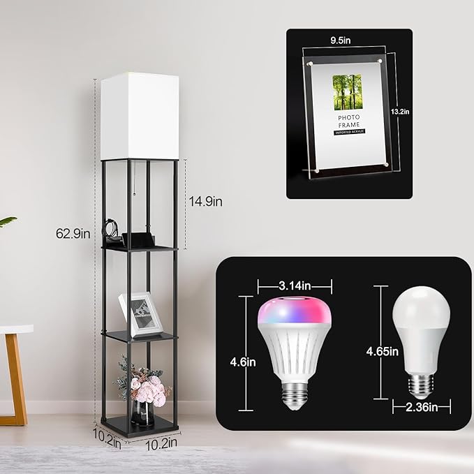 NUNET LED Floor Lamp w. Shelves & AC/USB Outlets Smart Light Bulb Galaxy Star Projector Color Changing & App/Voice Controlled Lights w. 3 Level Shelves for Bedroom Living Room Corner - LeafyLoom
